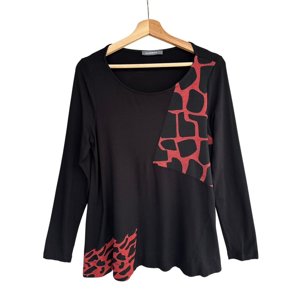 Alembika Tunic Swing Top Black  Red Patchwork Long Sleeve Size 1 Medium
